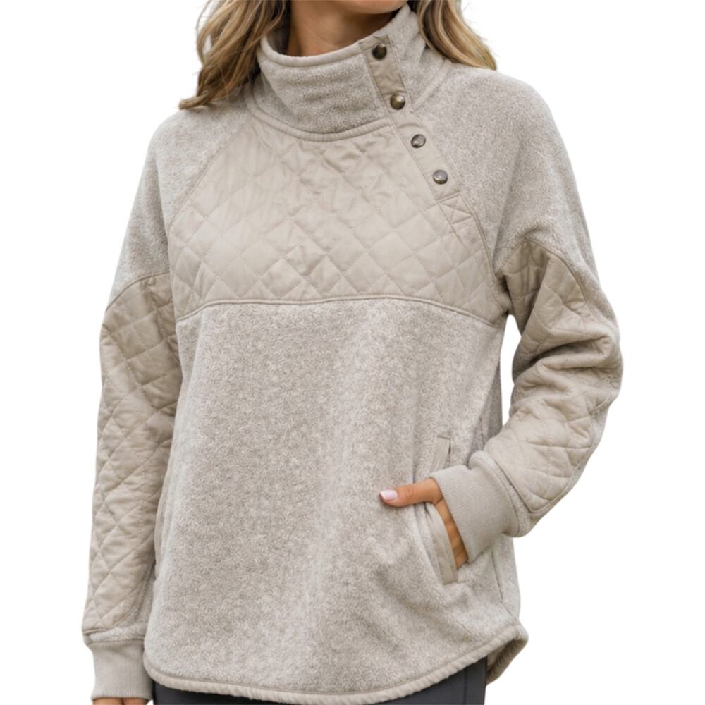 Abercrombie & Fitch Sherpa Fleece Quilted Sweatshirt Asymmetrical Snap Cream S